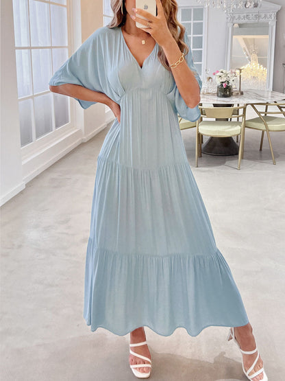 Midi Dresses - Solid Color Splicing Commuting Bat Sleeves Midi Dress - MsDressly