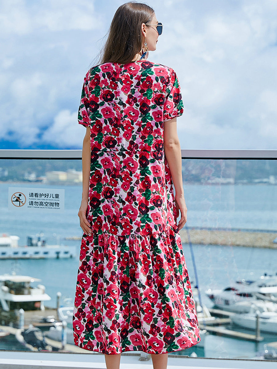 Midi Dresses - Loose V Neck Temperament Printed Midi Dress - MsDressly