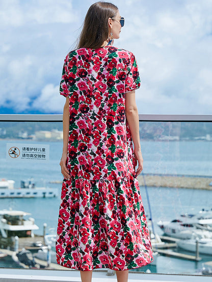 Midi Dresses - Loose V Neck Temperament Printed Midi Dress - MsDressly