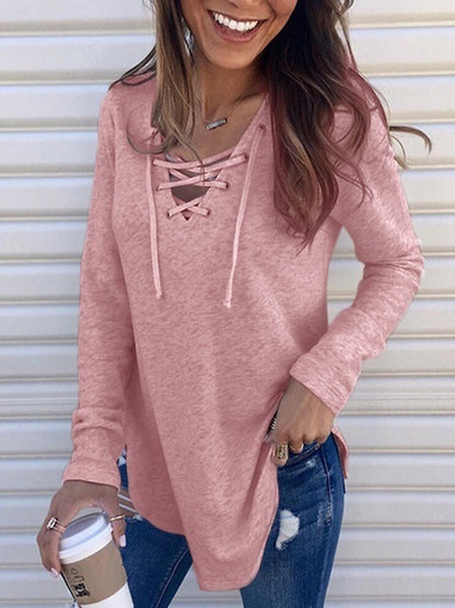 Stylish Comfortable Solid Color Tie Loose Casual  V-Neck T-Shirt