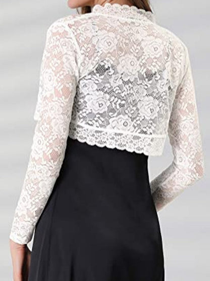 Cardigans - Elegant Crop Sheer Floral Lace Bolero Shrug Cardigan - MsDressly