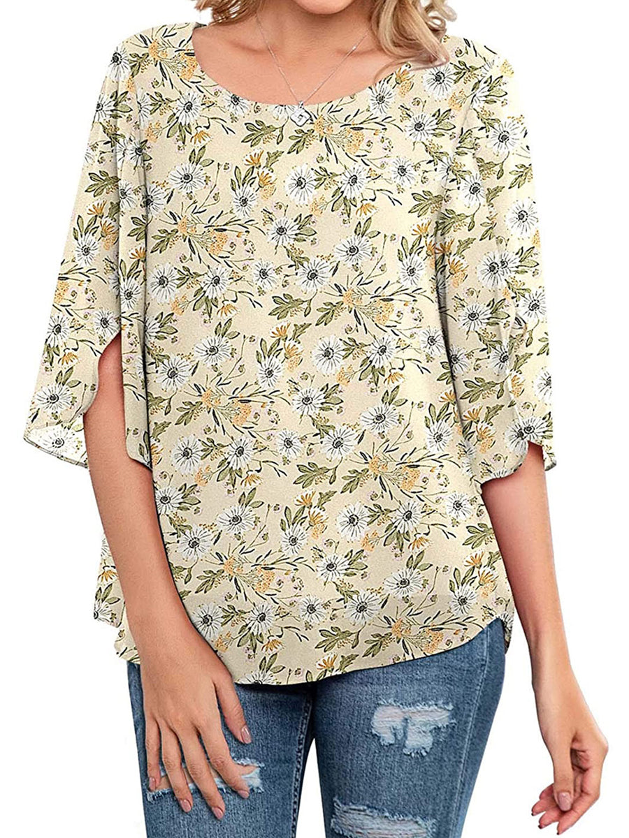 T-Shirts - Casual Scoop Neck Loose 3/4 Sleeve Chiffon T-Shirt - MsDressly