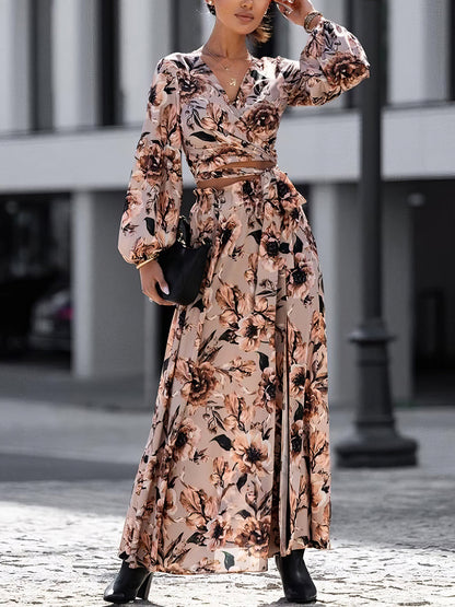 Maxi Dresses - Fashion Print Long Sleeve V Neck Sexy Maxi Dress - MsDressly