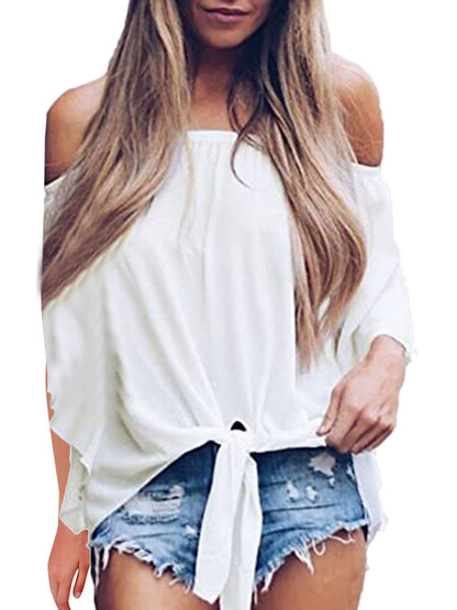 Blouses - Off-Shoulder Tie Hem Blouse - MsDressly