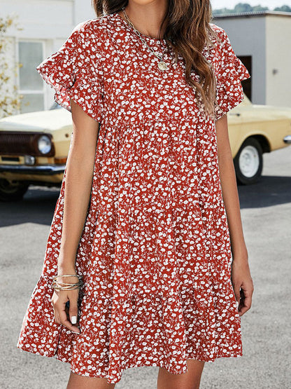 Mini Dresses - Short Flounce Sleeve Tiered Mini Dress - MsDressly