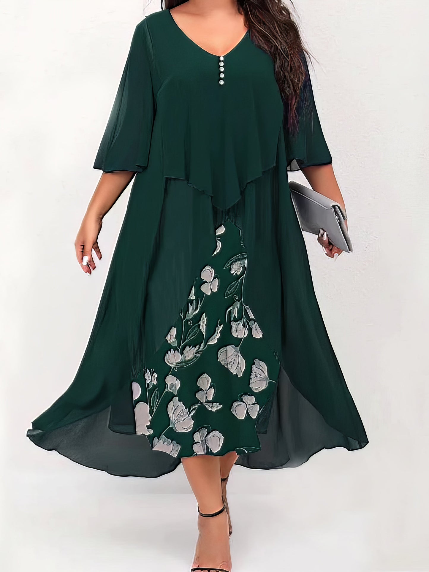Elegant Floral V-Neck Midi Dress for Women with Curves