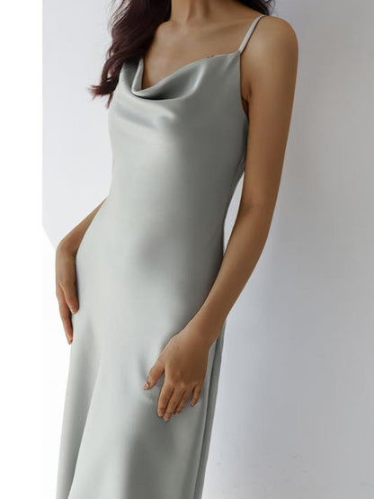 Midi Dresses - Texture Satin Swing Collar Temperament Suspender - MsDressly