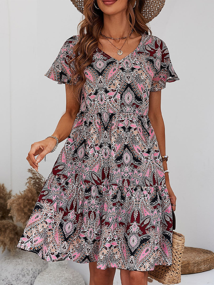 Mini Dresses - Printed V-Neck Tiered Mini Dress - MsDressly