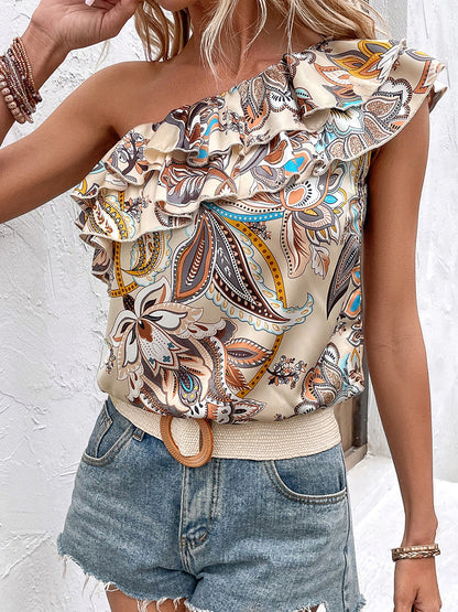 Blouses - Printed Ruffled One-Shoulder Blouse - MsDressly