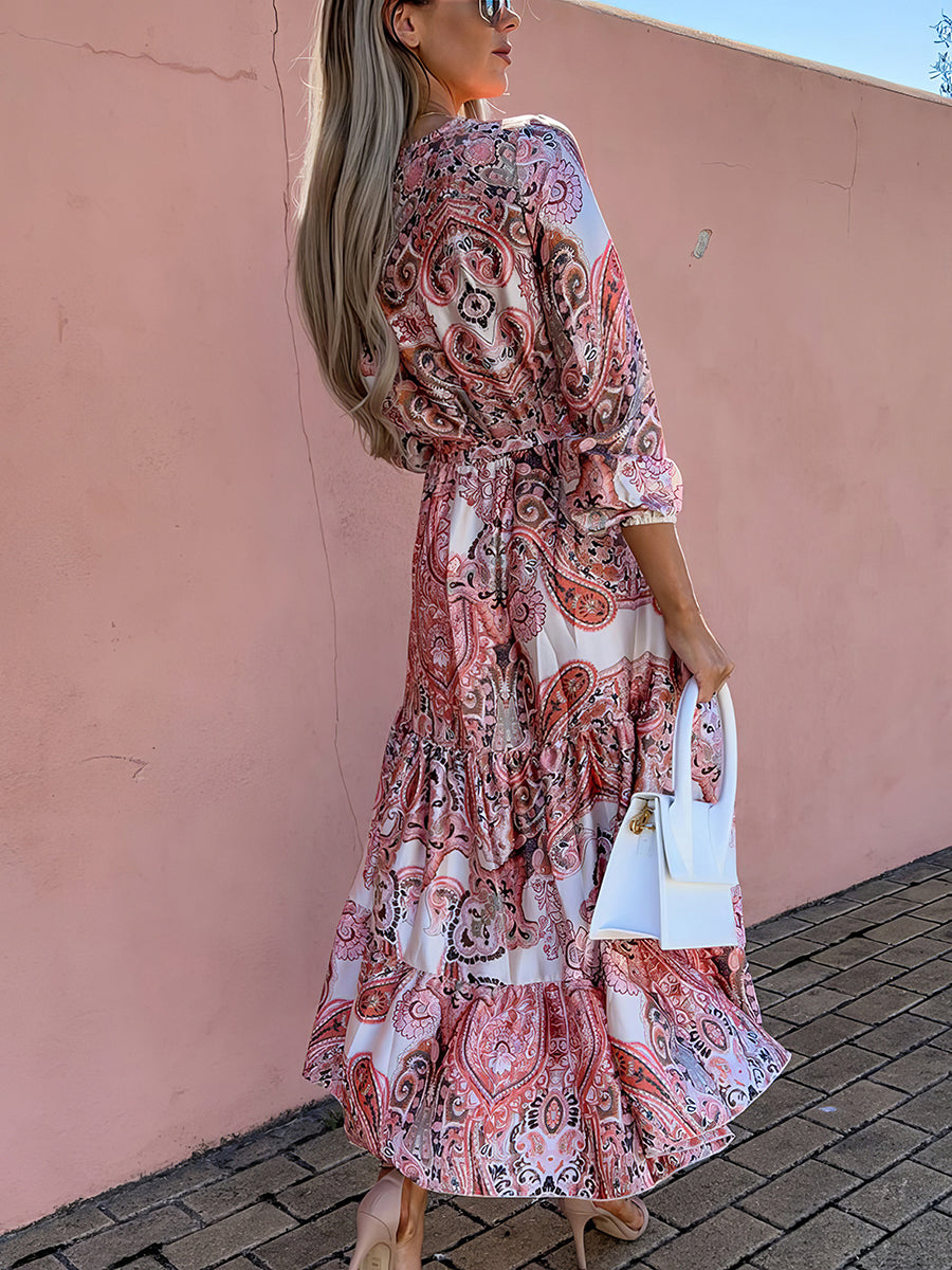 Midi Dresses - Fashion Print V Neck Long Sleeve Midi Dress - MsDressly
