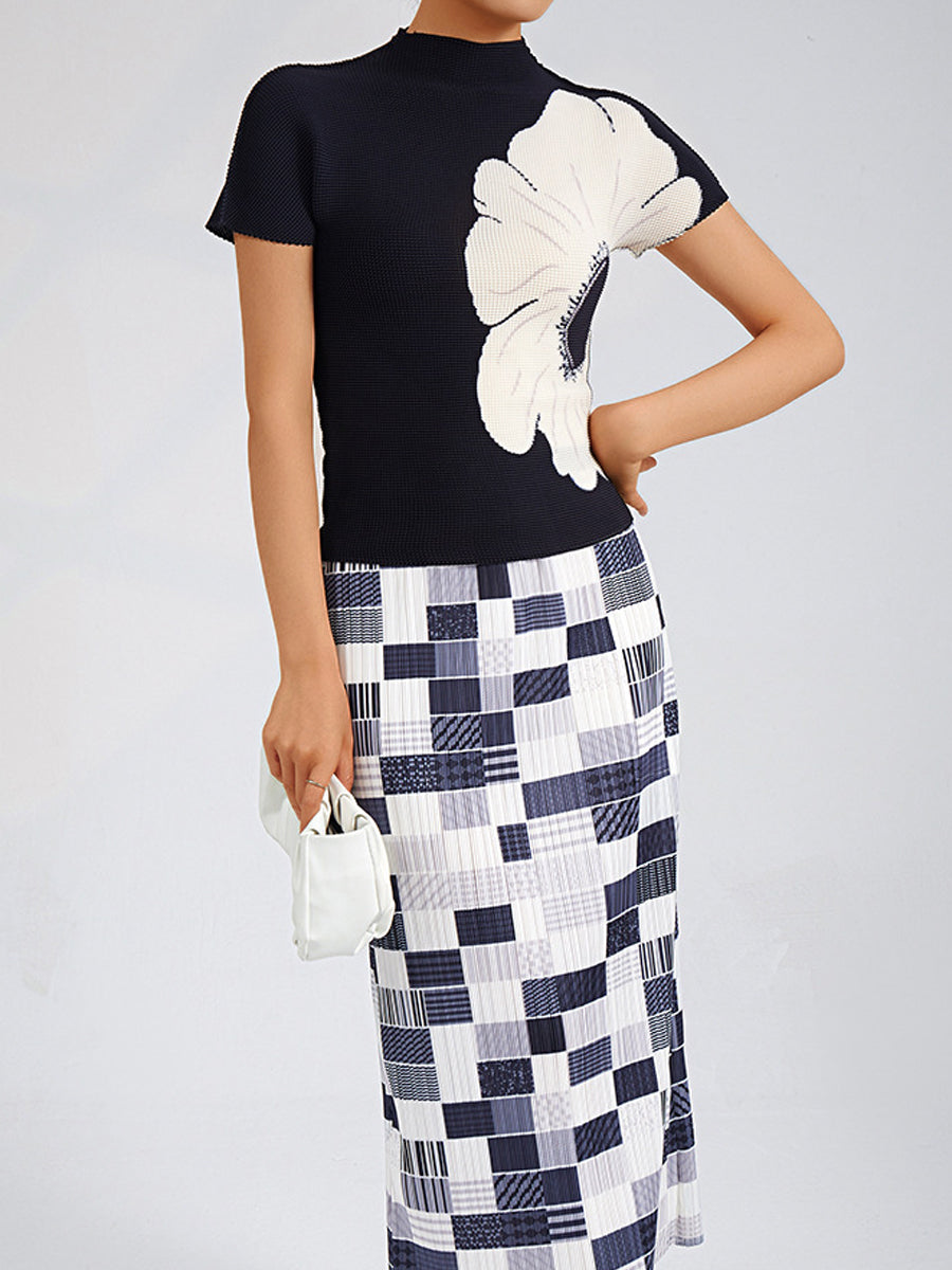 T-Shirts - Slim Pleated Elastic Print Commuting All Match Short Sleeved T-Shirt - MsDressly