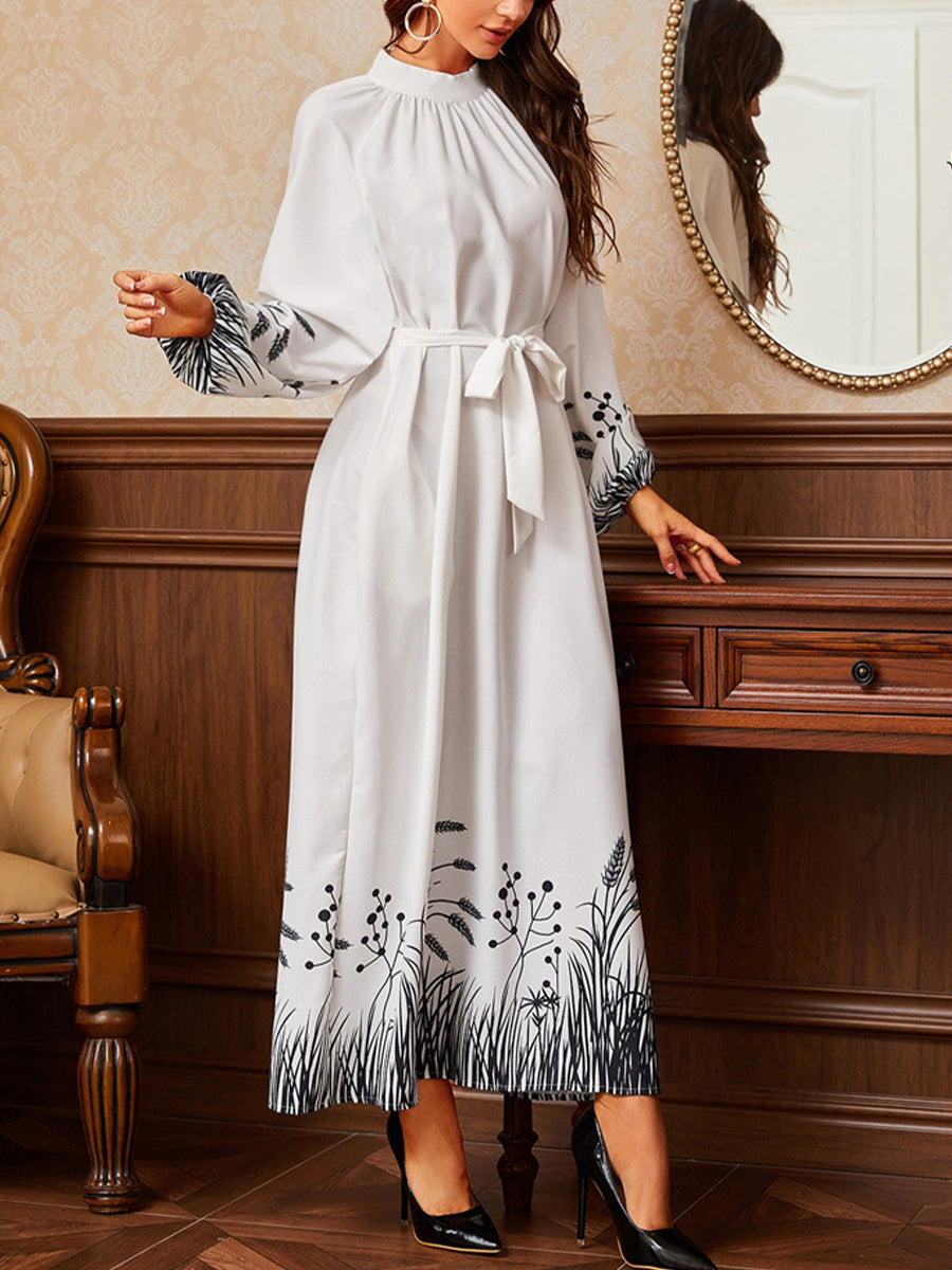 Maxi Dresses - Printed Belt Round Neck Long Sleeve Maxi Dress - MsDressly