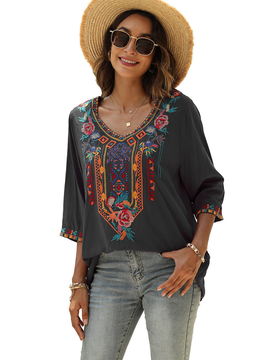Blouses - Fashion Embroidered Flowers V-neck Versatile Blouse - MsDressly
