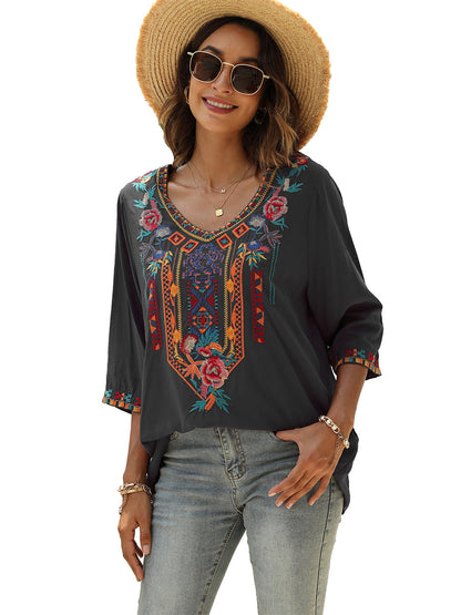 Blouses - Fashion Embroidered Flowers V-neck Versatile Blouse - MsDressly
