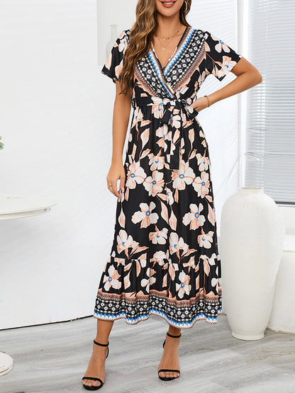 Midi Dresses - Retro Print Tie Slimming V Neck Fit Midi Dress - MsDressly