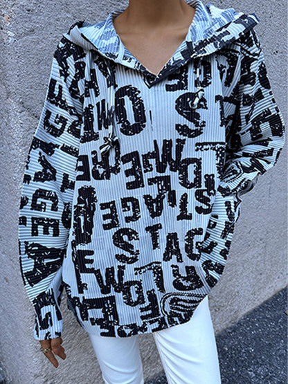 Hoodies - Trendy Pleated Print All Match Long Sleeved V Neck Hoodie - MsDressly