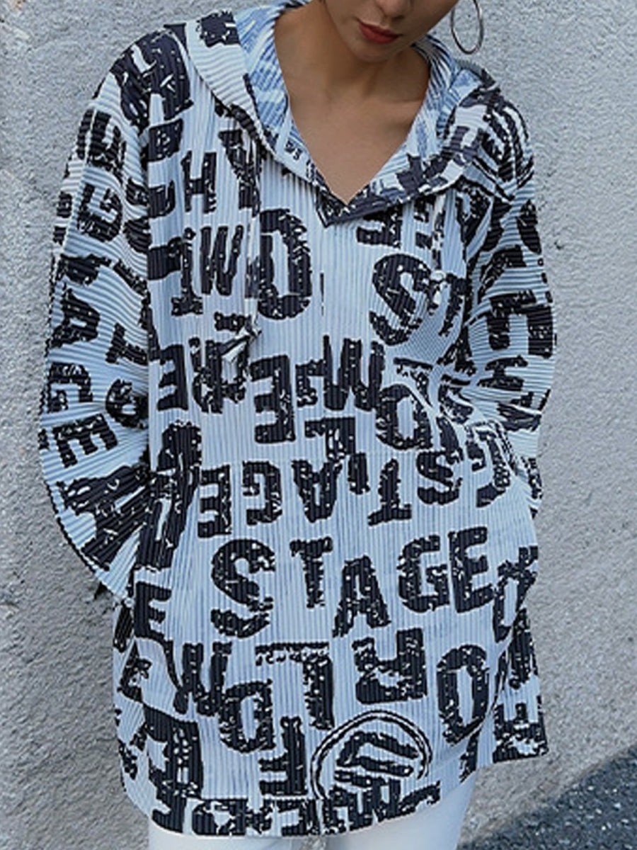 Hoodies - Trendy Pleated Print All Match Long Sleeved V Neck Hoodie - MsDressly