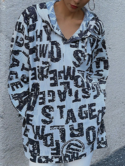 Hoodies - Trendy Pleated Print All Match Long Sleeved V Neck Hoodie - MsDressly