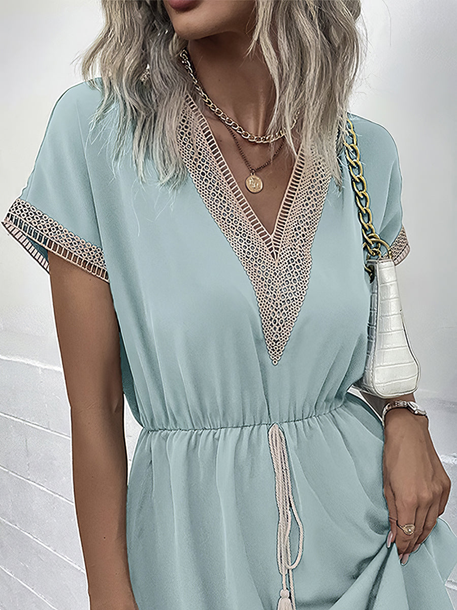 Mini Dresses - Casual Holiday Lace Stitching Waist V Neck Mini Dress - MsDressly