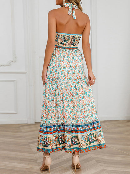 Midi Dresses - Sexy Retro Floral Slim Fit Halter Neck Midi Dress - MsDressly