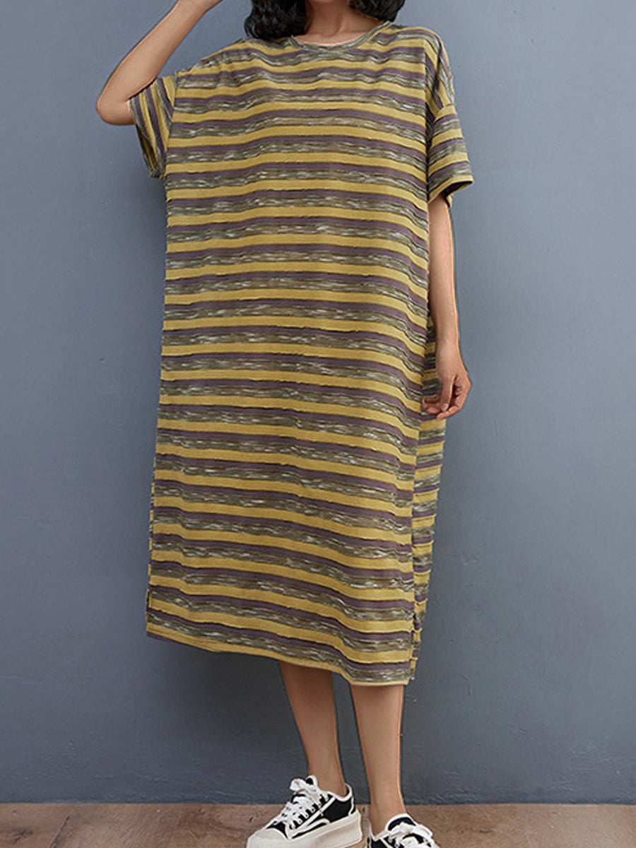 Midi Dresses - Literary And Retro Striped Loose Midi Dress - MsDressly