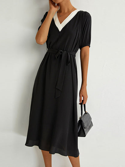 Midi Dresses - Solid Color French Temperament V-Neck Midi Dress - MsDressly