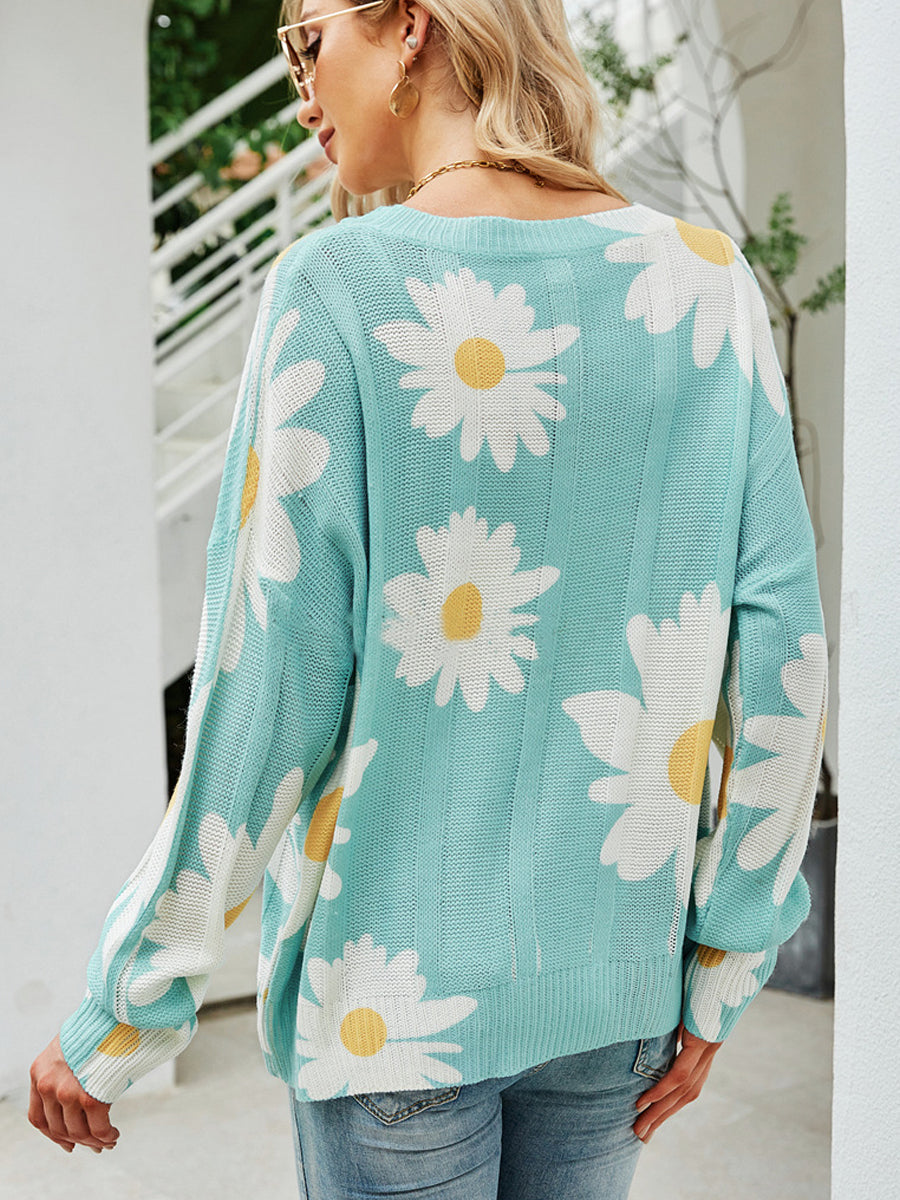 Sweaters - Davi & Dani Daisy Print Crew Neck Loose Knit Sweater - MsDressly