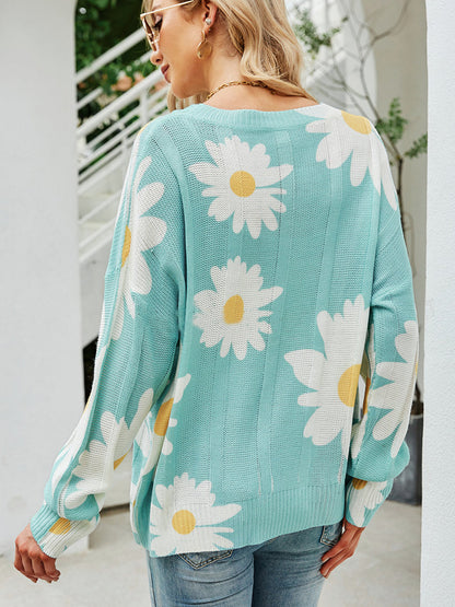 Sweaters - Davi & Dani Daisy Print Crew Neck Loose Knit Sweater - MsDressly