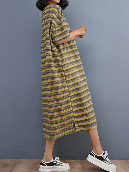 Midi Dresses - Literary And Retro Striped Loose Midi Dress - MsDressly
