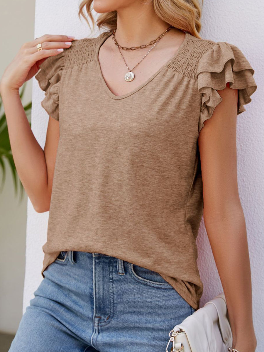 T-Shirts - Smocked Flutter Sleeve V-Neck T-Shirt - MsDressly