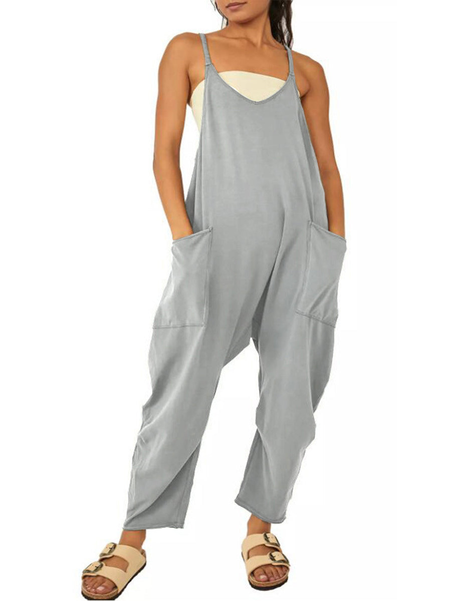 Casual Pocket V Neck Solid Color Jumpsuit