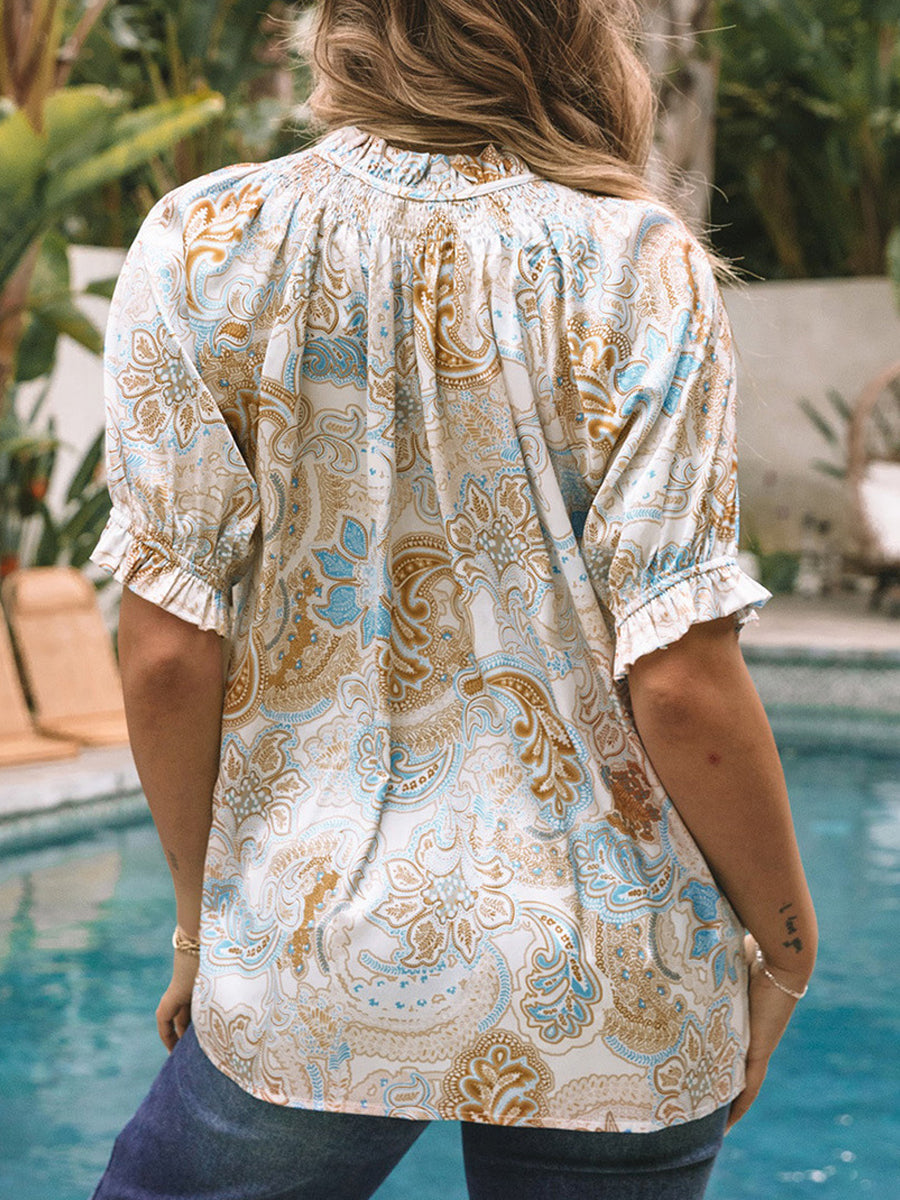 Blouses - Printed Tie Neck Flounce Sleeve Blouse - MsDressly