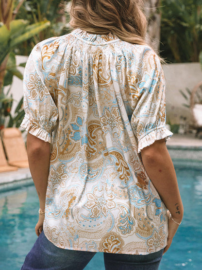 Blouses - Printed Tie Neck Flounce Sleeve Blouse - MsDressly