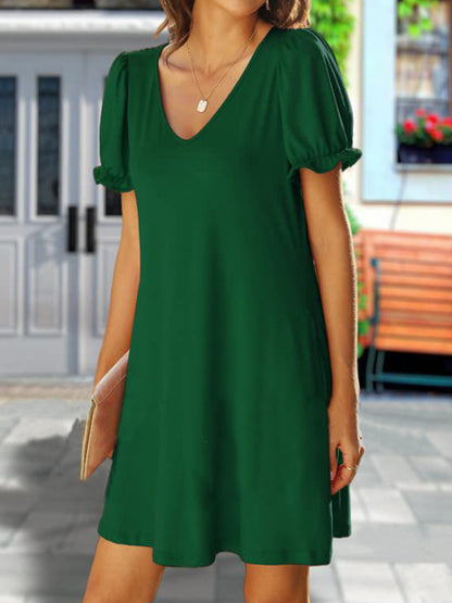 Round Neck Flounce Sleeve Pockets Mini Dress