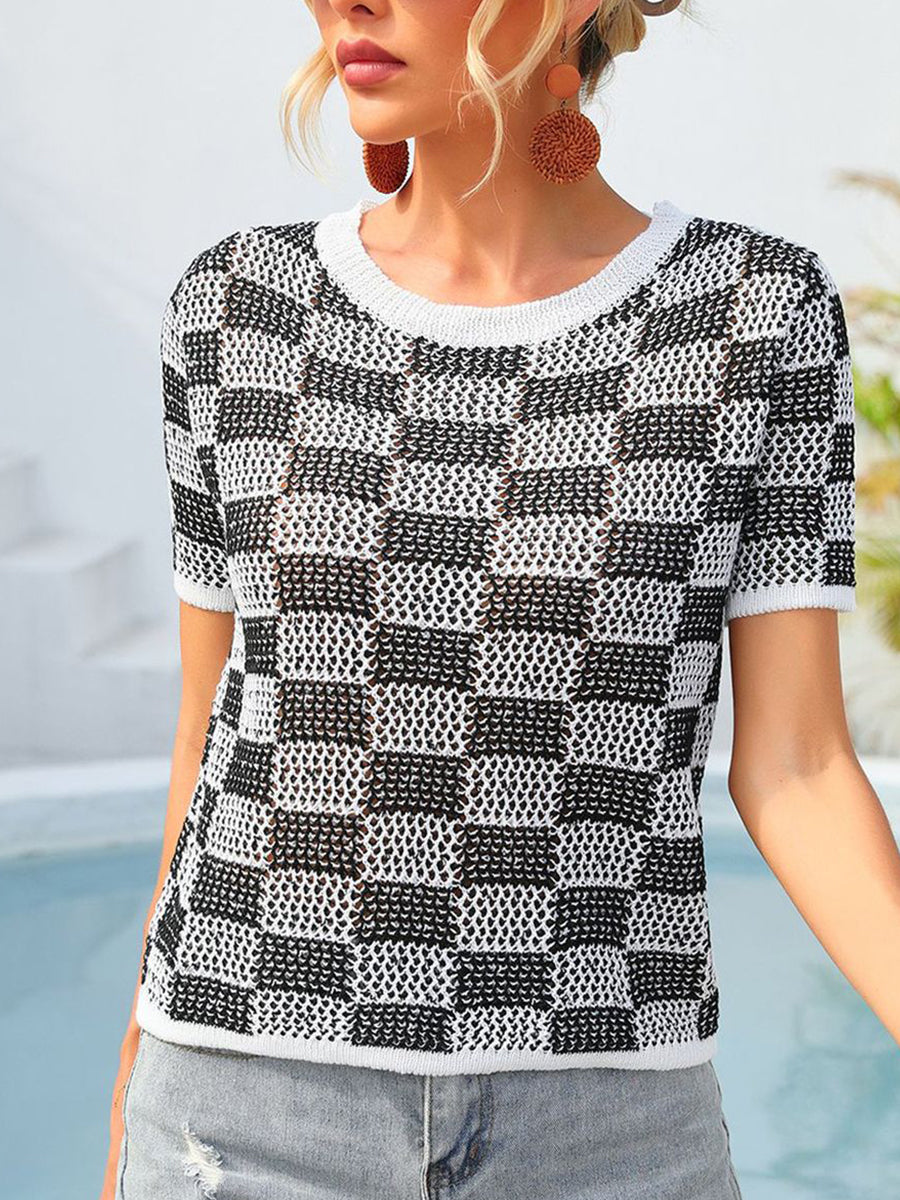 T-Shirts - Plaid Casual Knit Round Neck Short Sleeve T-Shirt - MsDressly