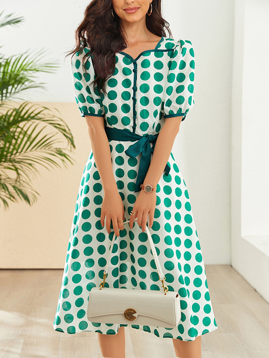 Midi Dresses - Stylish Printed High Waist Polka Dot Midi Dress - MsDressly