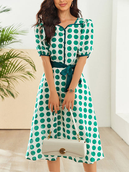 Midi Dresses - Stylish Printed High Waist Polka Dot Midi Dress - MsDressly