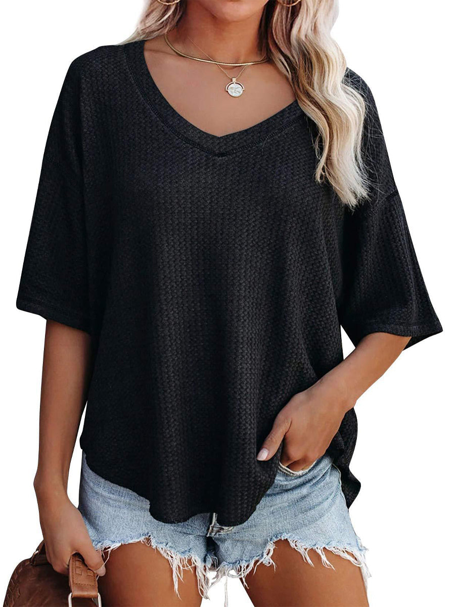 Blouses - Causual Waffle Knit Loose Tunic V Neck Short Sleeve Blouse - MsDressly