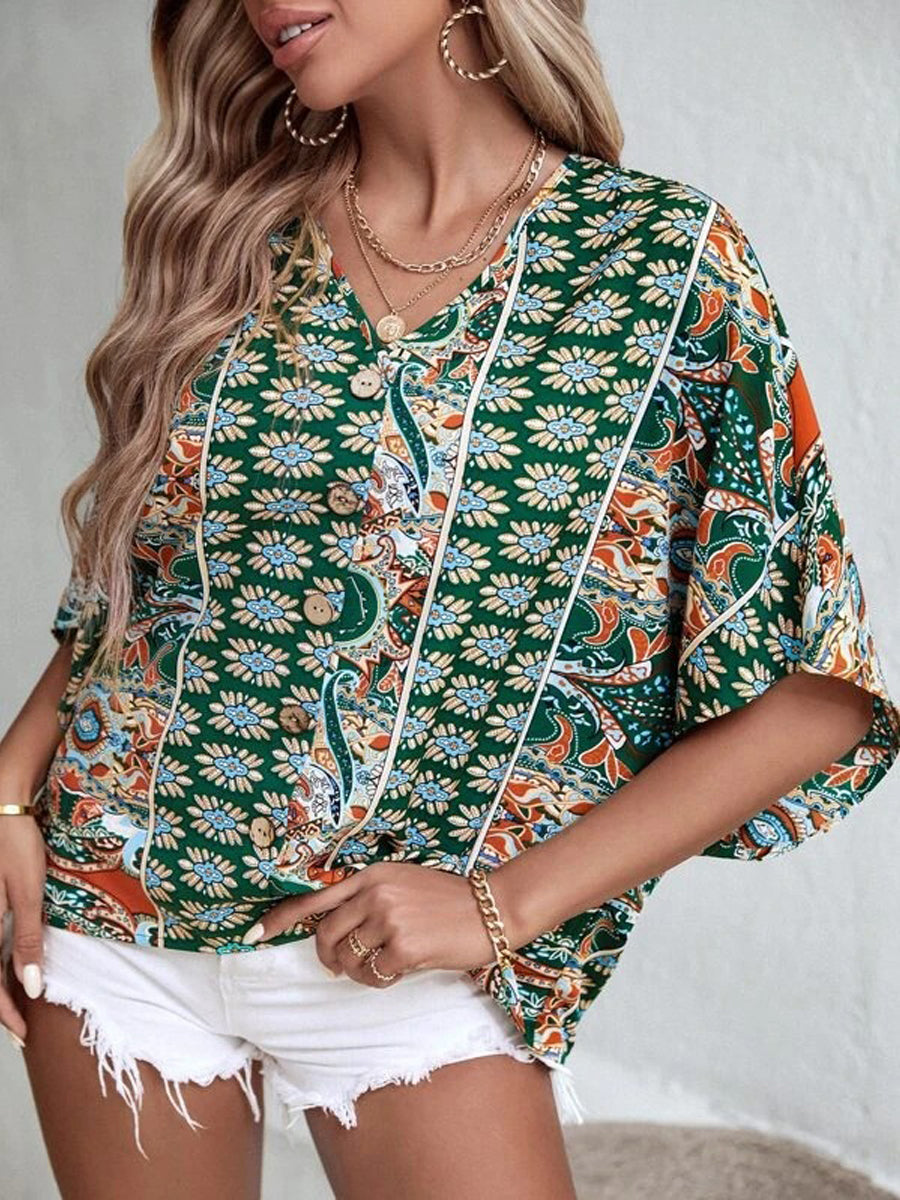 Blouses - Casual Solid Flowy Loose Tunic Short Sleeve V Neck Blouse - MsDressly