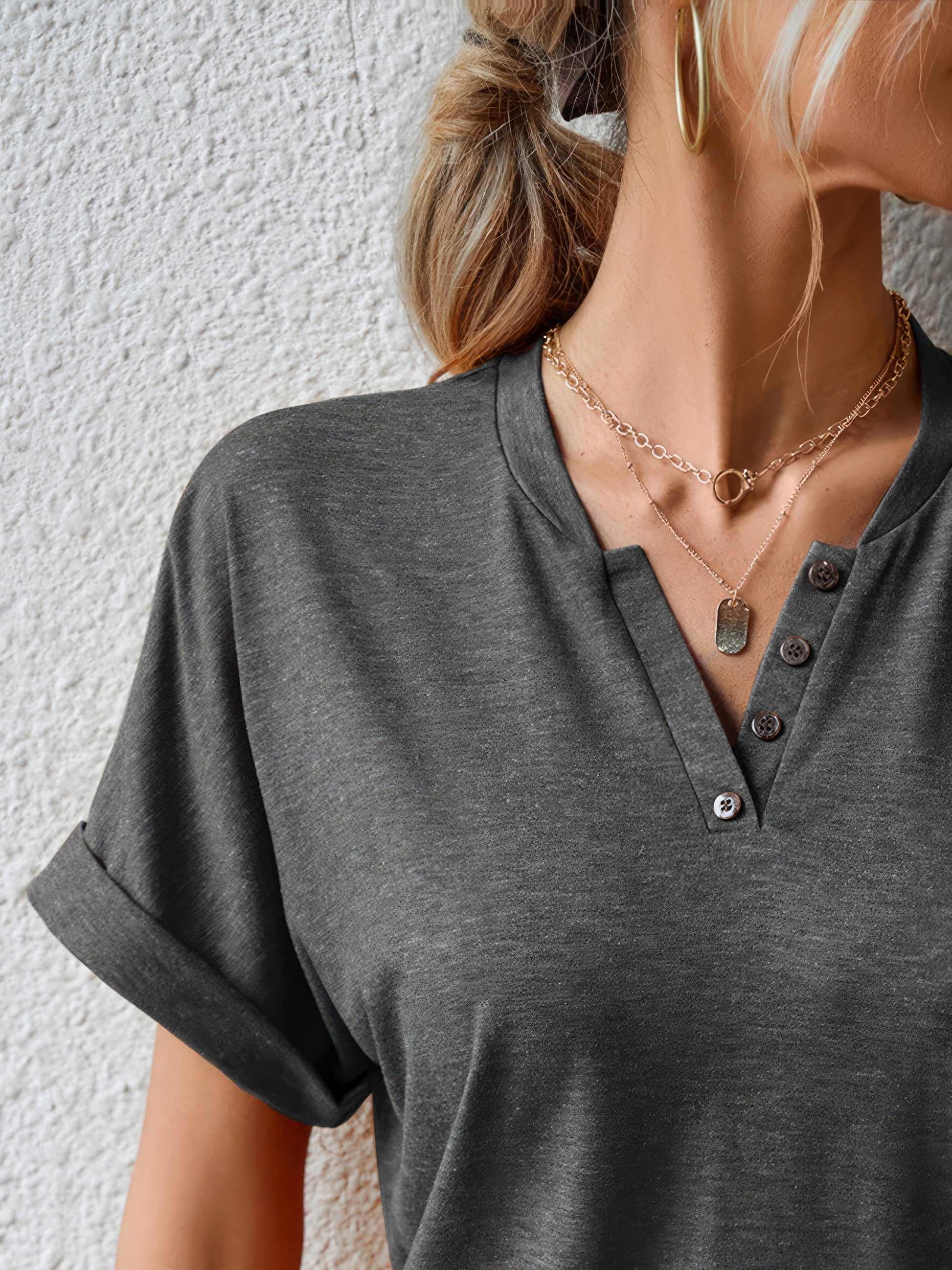 T-Shirts - Casual V Neck Button Loose Solid Color T-Shirt - MsDressly