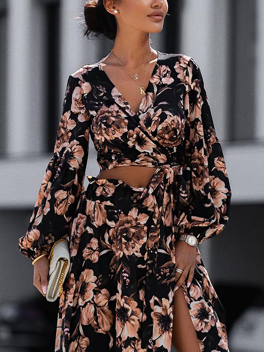 Maxi Dresses - Fashion Print Long Sleeve V Neck Sexy Maxi Dress - MsDressly