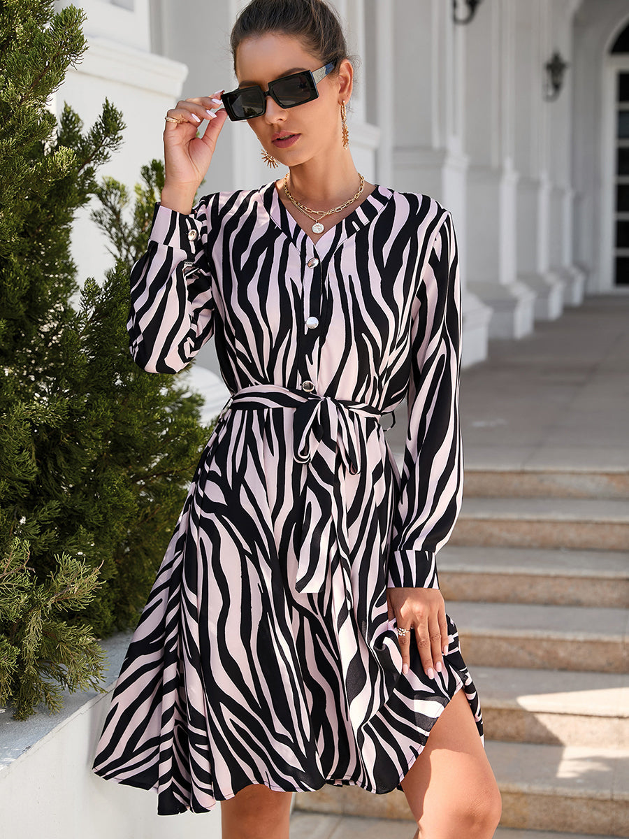 Mini Dresses - Sexy Buttons Printed Long Sleeved Mini Dress - MsDressly