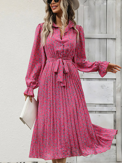 Midi Dresses - Fashion Pleated Tie Long Sleeve Midi Dress - MsDressly