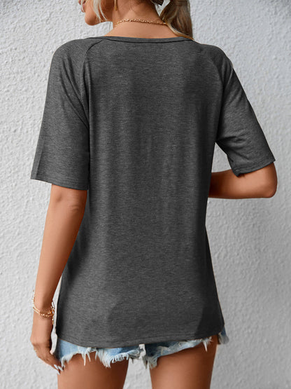 T-Shirts - Loose V Neck Lace Short Sleeve T-Shirt - MsDressly