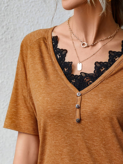 T-Shirts - Loose V Neck Lace Short Sleeve T-Shirt - MsDressly