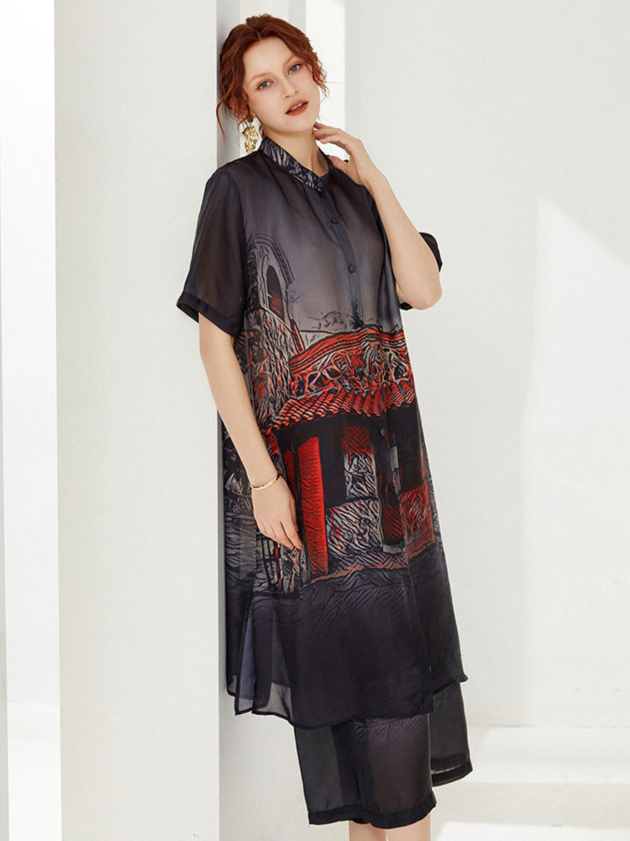 Plus Sets - Size Curve Sets Plus Size Casual Round Neck Printed Button Chiffon Two Piece Set - MsDressly