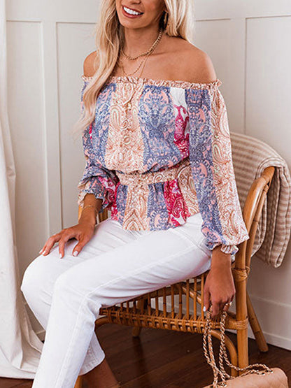 Blouses - Printed Off-Shoulder Flounce Sleeve Belted Blouse - MsDressly