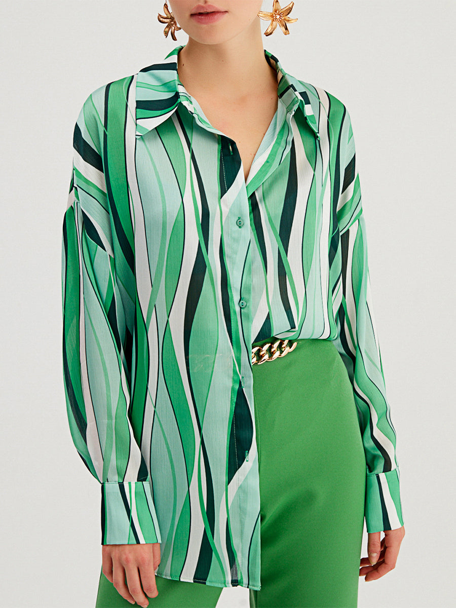 Striped Loose Digital Printing Personality Blouse