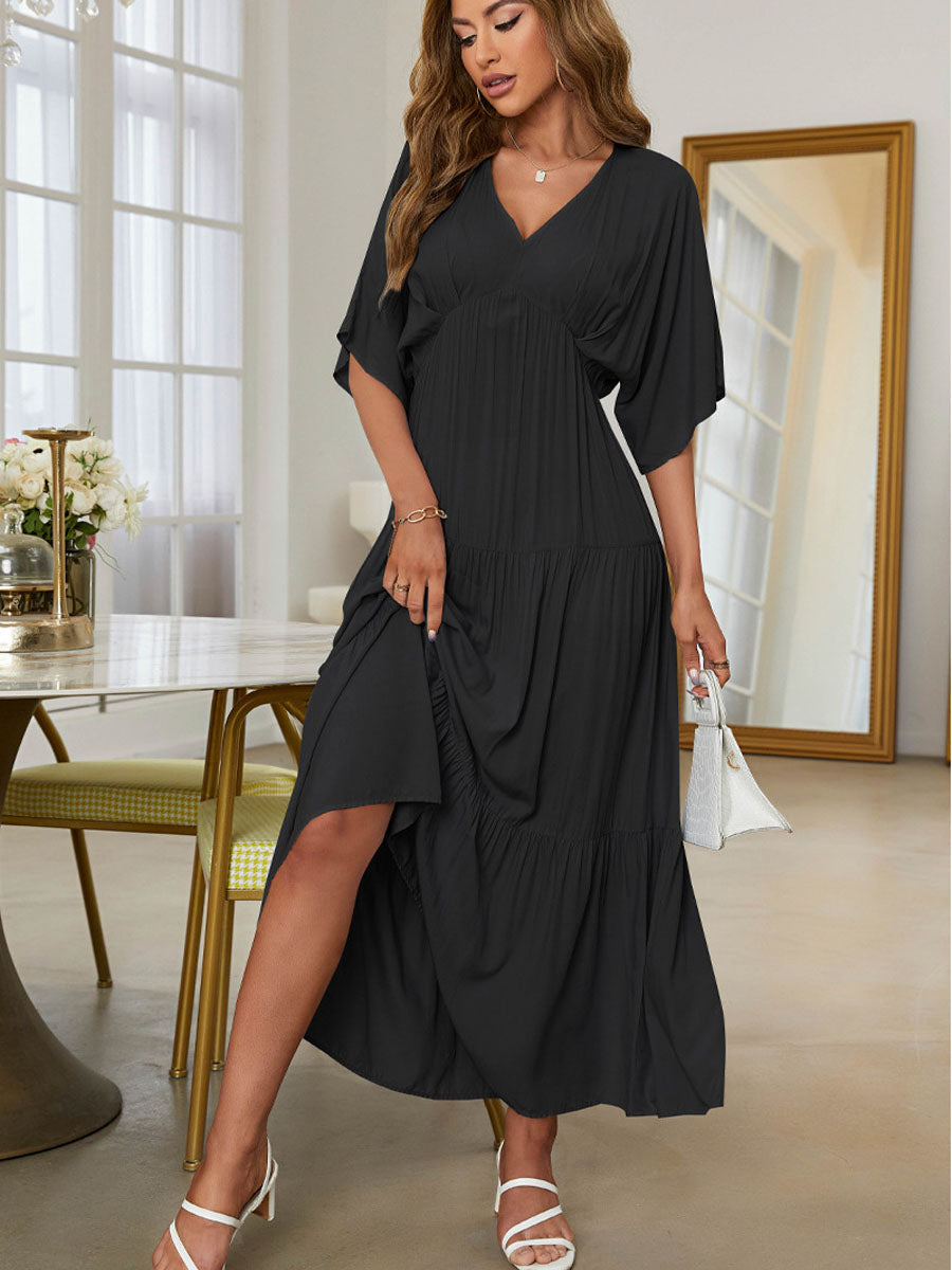 Midi Dresses - Solid Color Splicing Commuting Bat Sleeves Midi Dress - MsDressly