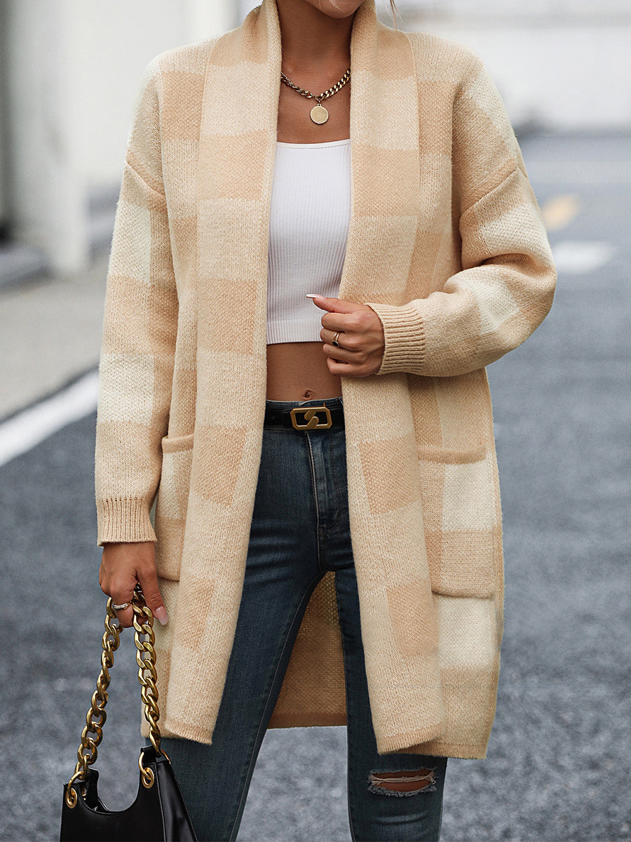 Loose Check Colorblock Knit Fashion Coat